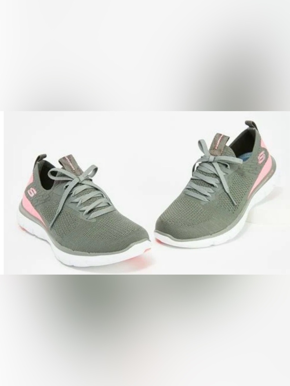 EUC Skechers Flex Appeal 2.0 Olive Green Pink Sneakers Athletic Tennis Shoes - 8